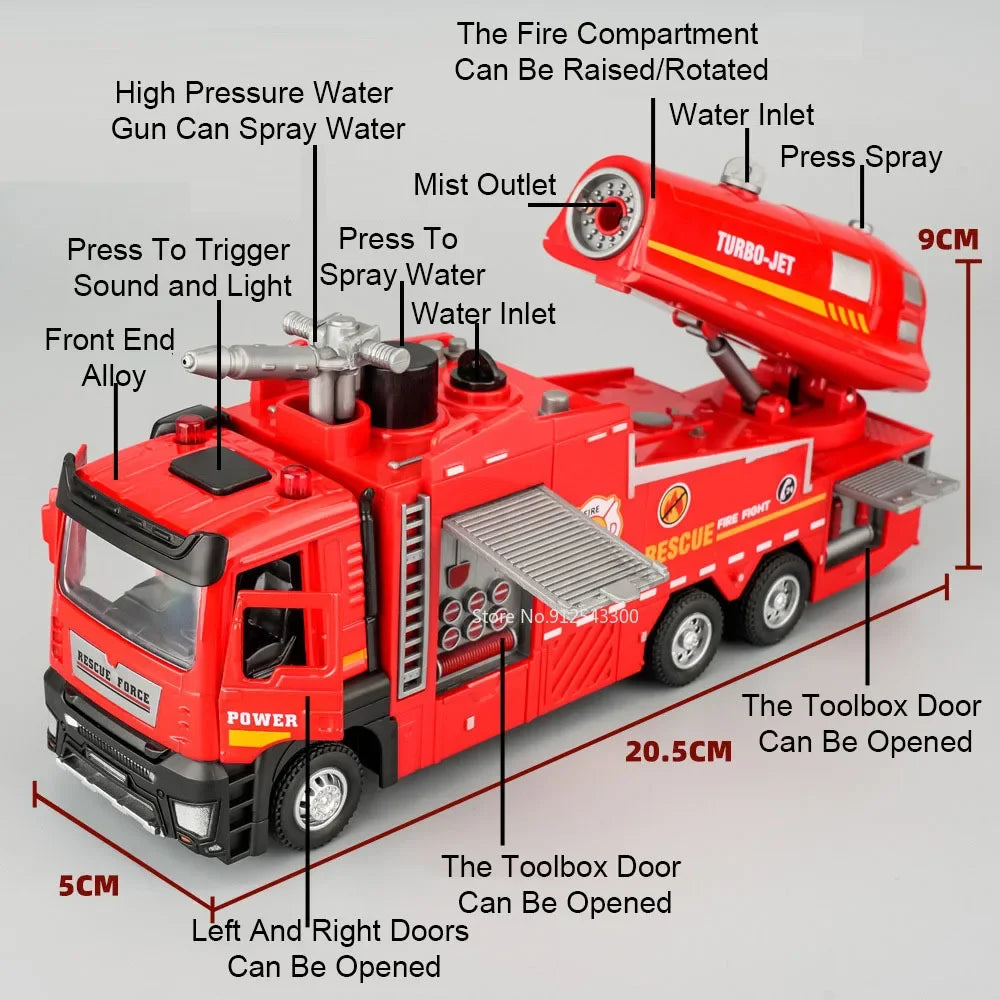 1:32 Scale Water Spray Fire Truck, Sound Light Pull Back Doors Opened Vehicle