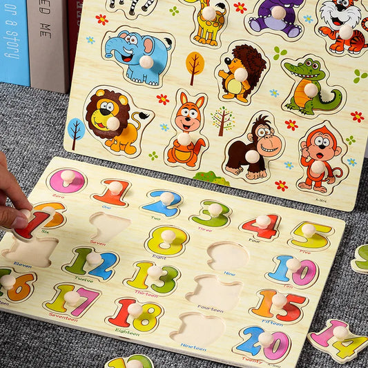 Montessori Wooden Peg Puzzles – 3D Cartoon Animal & Fruit Educational Toys
