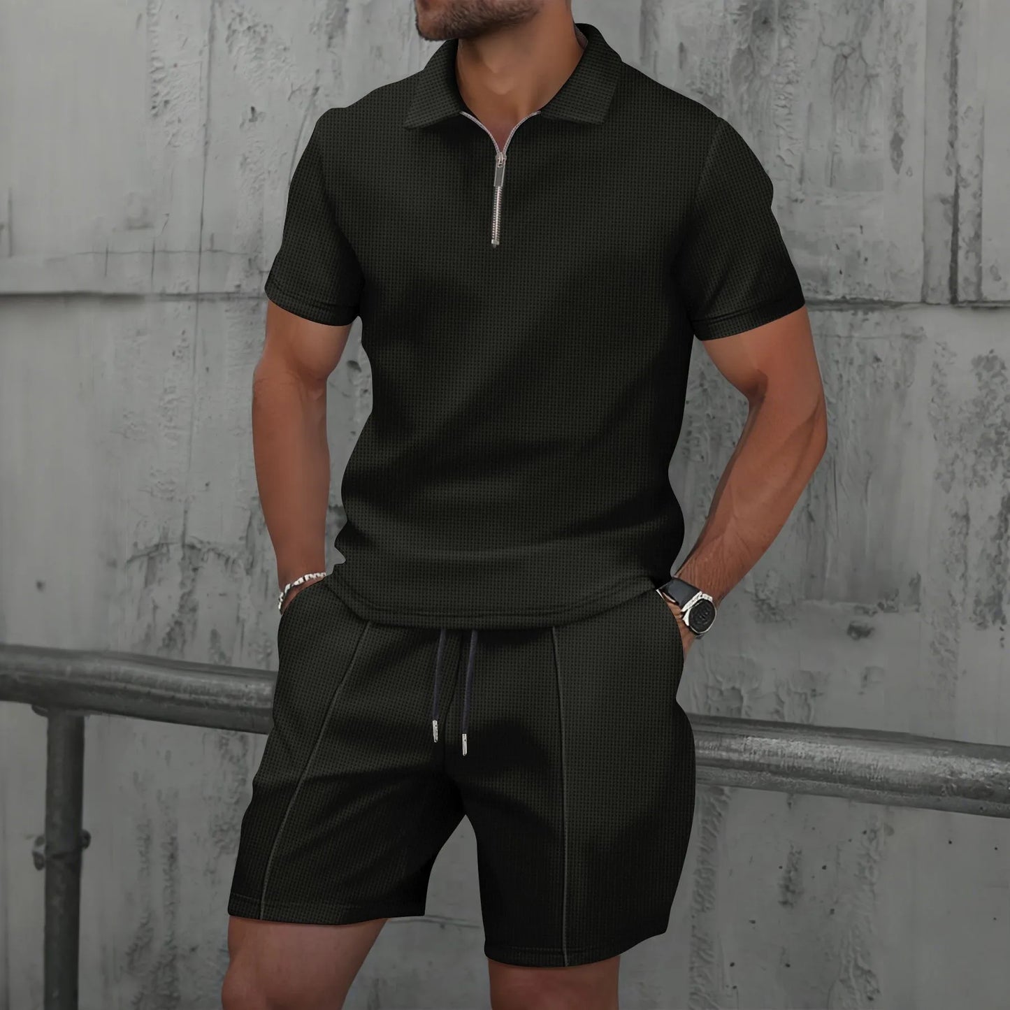 2025 Men Europe and the United States Waffle solid color zip-up lapel short-sleeve