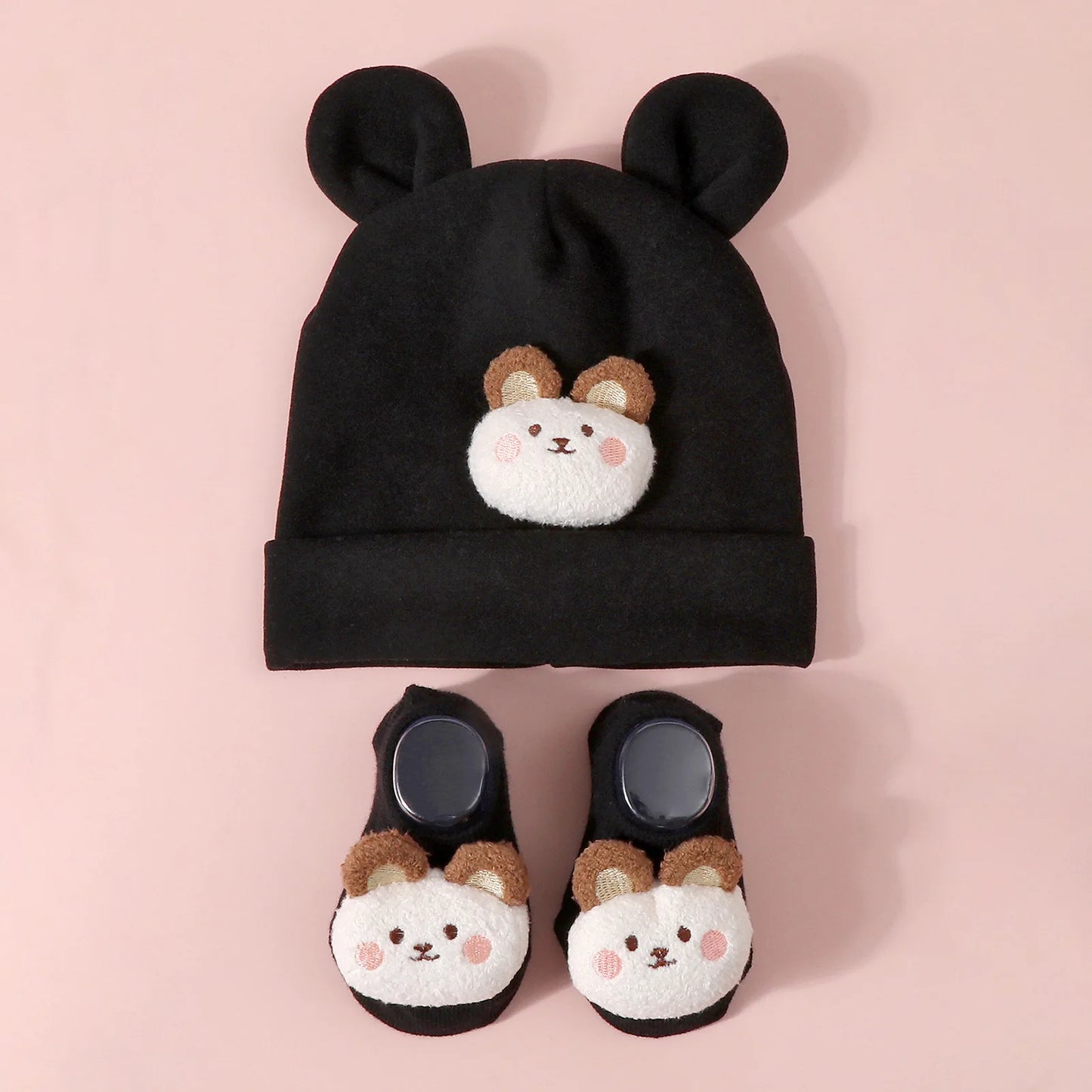 Baby Hat & Socks Set – Knit Cotton Beanie with Ear Design for Newborns & Toddlers