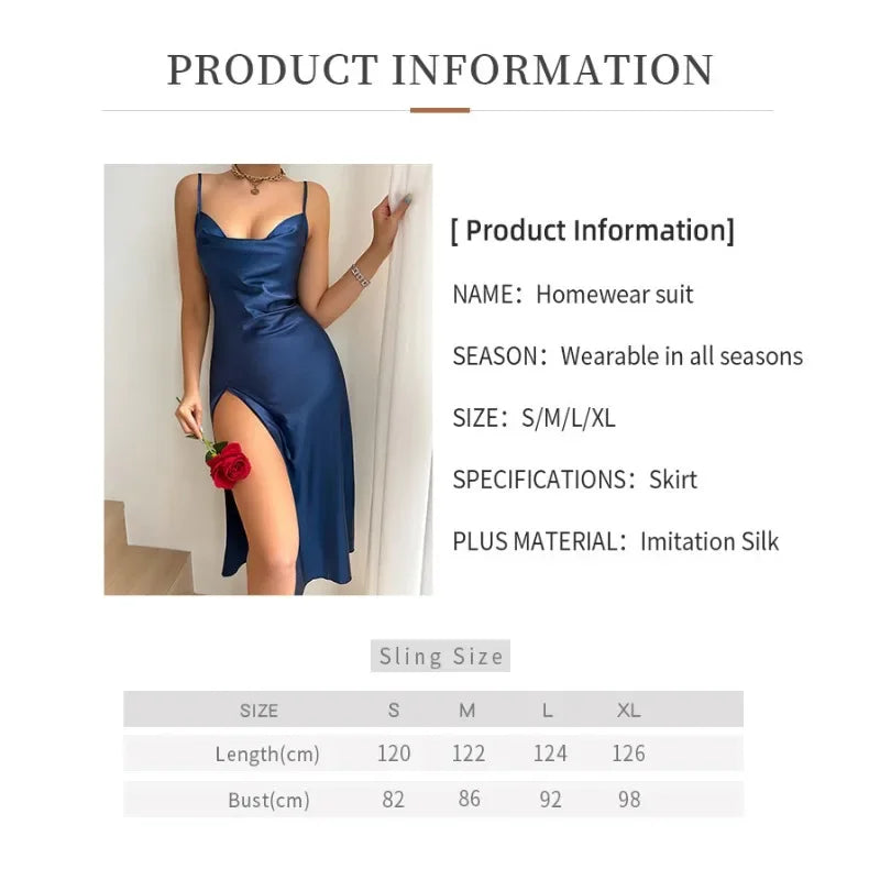 Sexy Nachthemd aus Eisseide mit hohem Schlitz – rückenfreie lange Nachtwäsche für Damen, elegante einfarbige Homewear