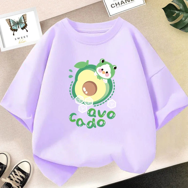 Girls’ Cute Avocado T-Shirt – Loose Summer Cartoon Fruit Top
