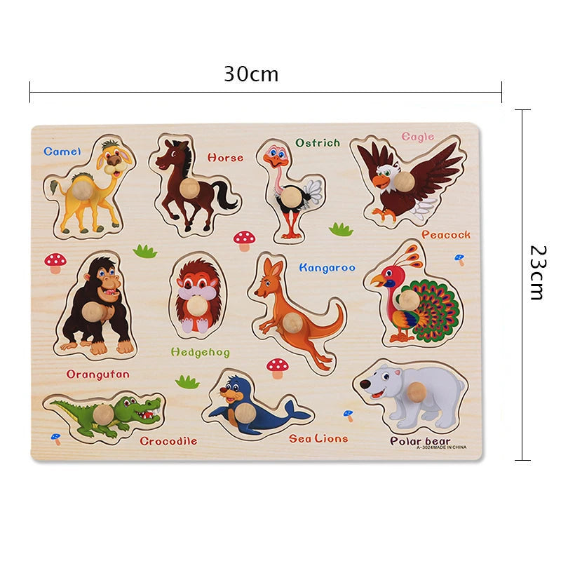 Montessori Wooden Peg Puzzles – 3D Cartoon Animal & Fruit Educational Toys