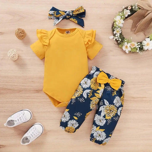 3PCS Newborn Girl Outfit – Floral Pants, Bow Headband & Short Sleeve Bodysuit
