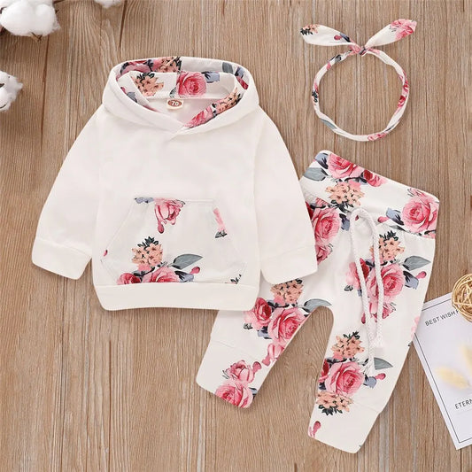 3PCS Baby Girl Outfit (0–18M) – Floral Hoodie, Pants & Bow Headband Set