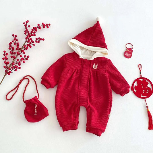 Autumn Winter Fleece Lined Hooded Crawler Suit for Girls Christmas Celebration Red Romper with Cloak Baby New Year Festive Outfi