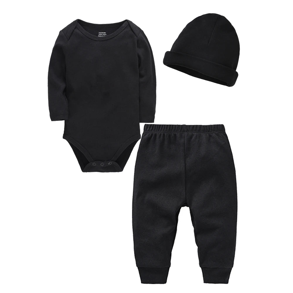 3 Pieces Set 100% Cotton Baby Rompers Pants Hat  Trousers Plain Newborn Clothing