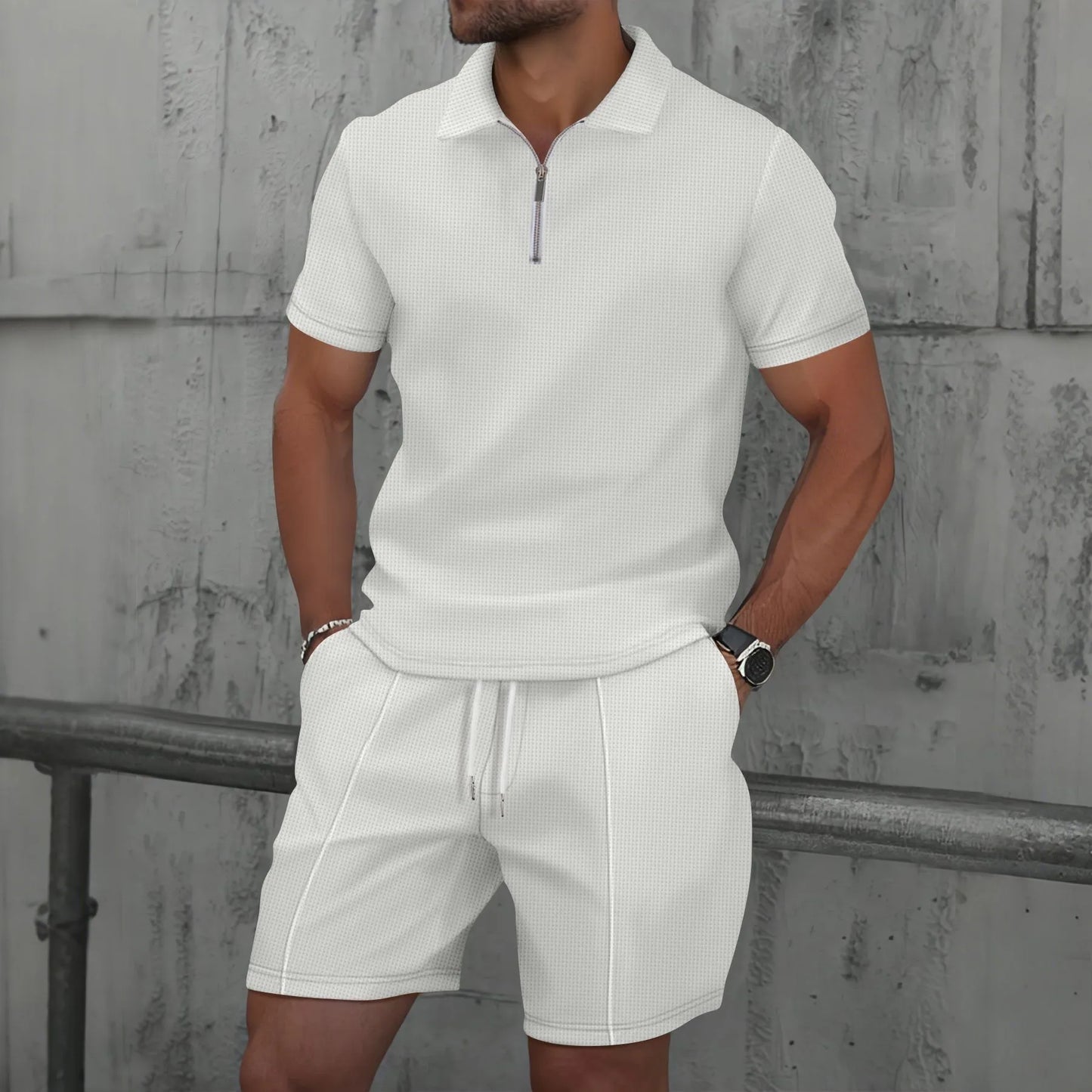 2025 Men Europe and the United States Waffle solid color zip-up lapel short-sleeve