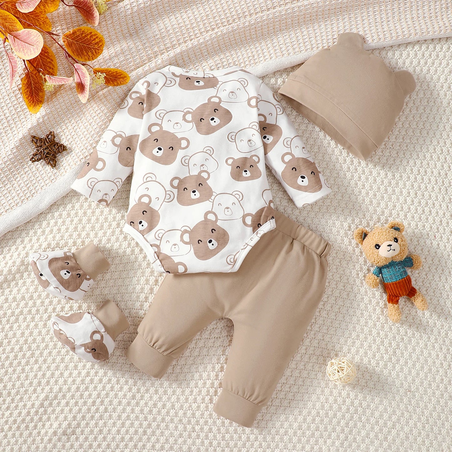 Conjunto de bebé menino dos 0 aos 9 meses, macacão de manga comprida com urso pequeno, calças, gorro e meias, 4 peças/conjunto, roupa para bebé primavera outono, conjunto para recém-nascido