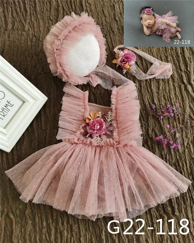 Baby Newborn Photography Props Baby Girl Lace Dress Romper Bodysuits Outfit  Hat Headband