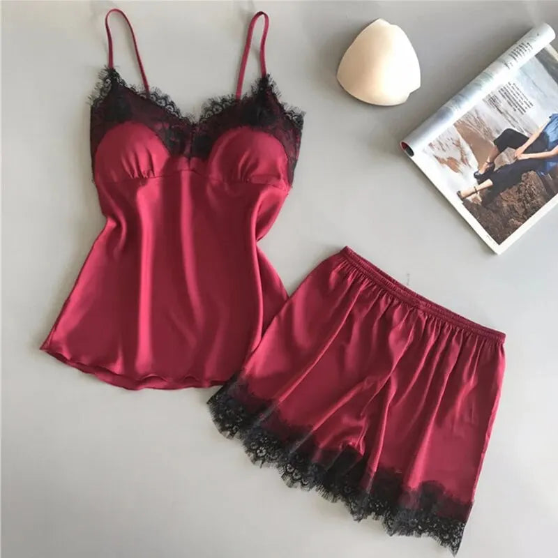 Damen Pyjama Set V-Ausschnitt Spitze Sexy Dessous Pyjamas Schlafshorts Set Nachtwäsche Neu