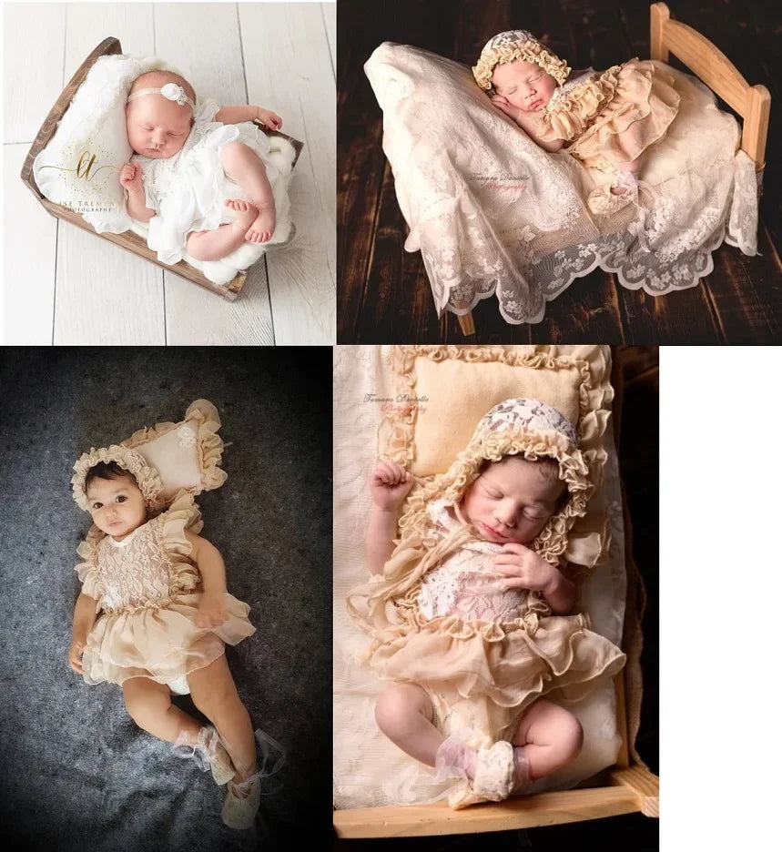 Baby Newborn Photography Props Baby Girl Lace Dress Romper Bodysuits Outfit  Hat Headband