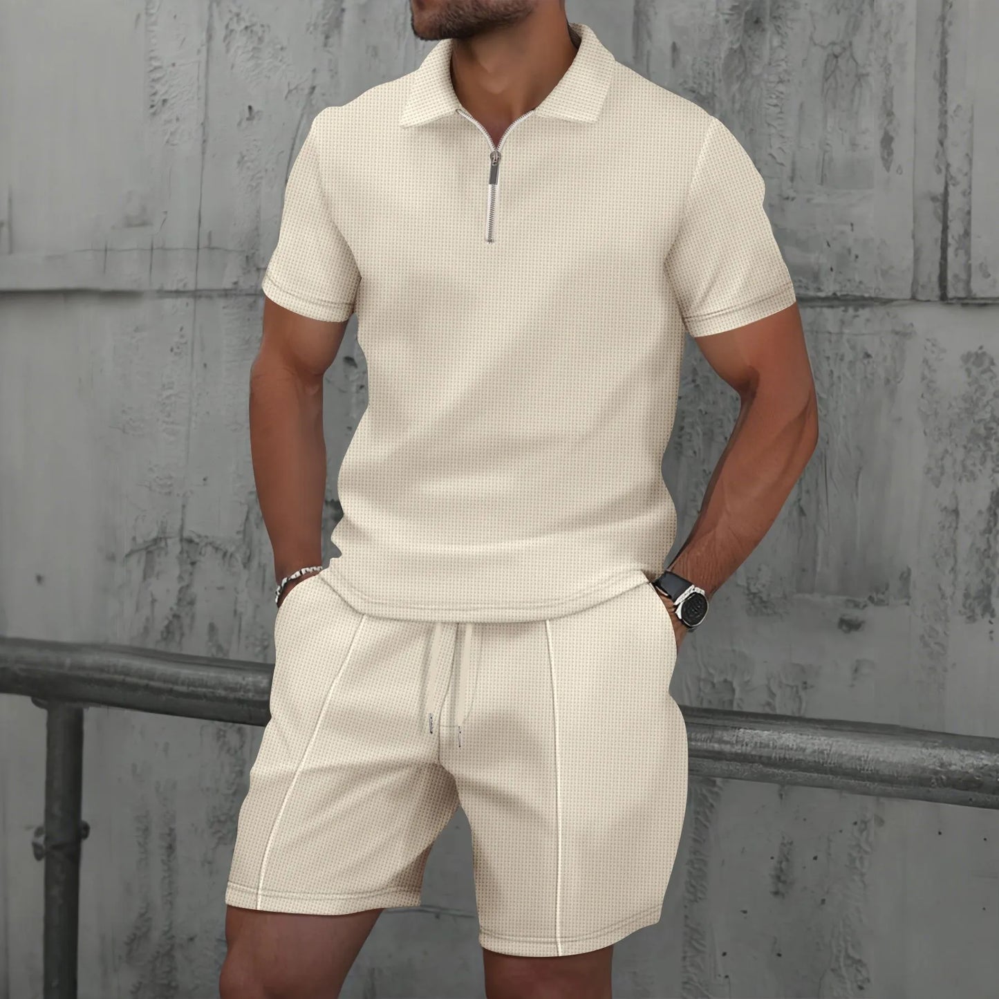 2025 Men Europe and the United States Waffle solid color zip-up lapel short-sleeve