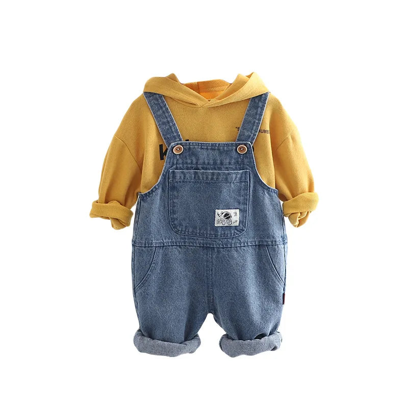 OLEKID 2025 Spring Autumn Korean Style Children Boys 2PCS Clothes Set Printed Letter Hoodie Denim Overalls Infant Baby Boys Suit