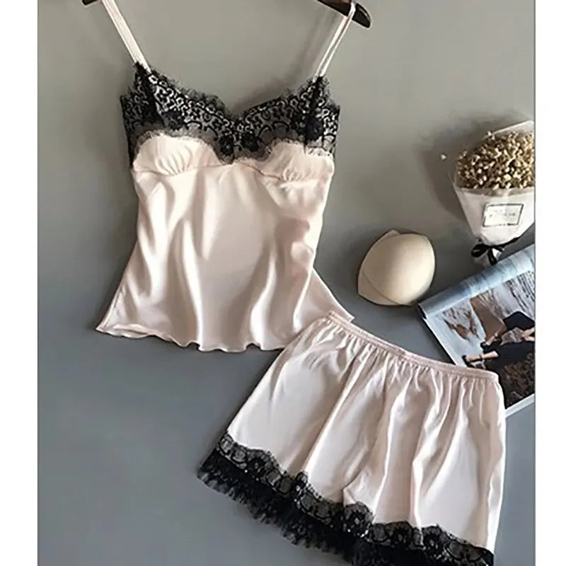 Damen Pyjama Set V-Ausschnitt Spitze Sexy Dessous Pyjamas Schlafshorts Set Nachtwäsche Neu