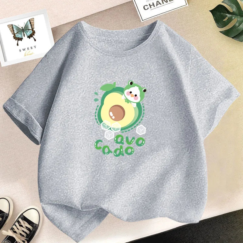 Girls’ Cute Avocado T-Shirt – Loose Summer Cartoon Fruit Top