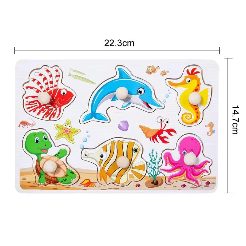 Montessori Wooden Peg Puzzles – 3D Cartoon Animal & Fruit Educational Toys