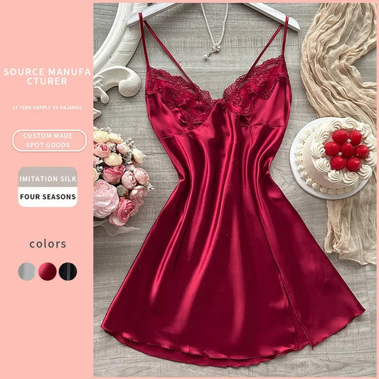 Fashion Solid Color Lace Collar Nightgown for Women Luxury Sexy Suspenders Skirt Silk-like Thin Dress Home Wear Sleepwear