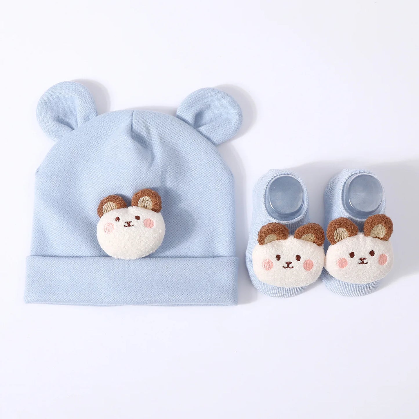 Baby Hat & Socks Set – Knit Cotton Beanie with Ear Design for Newborns & Toddlers