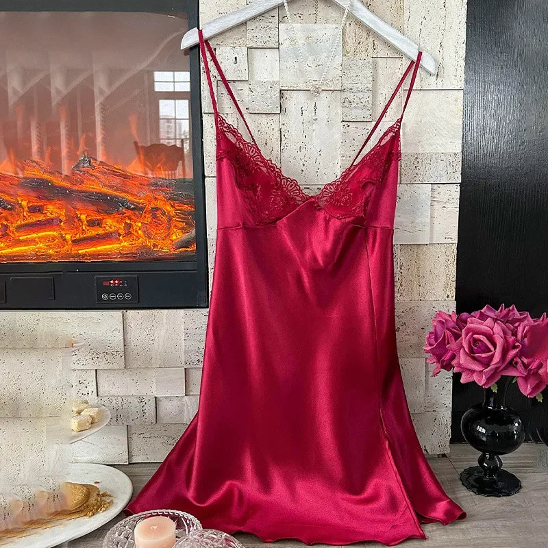 Modisches Nachthemd mit Spitzenkragen in Volltonfarbe für Damen, luxuriöser sexy Hosenträgerrock, seidenartiges, dünnes Kleid, Nachtwäsche für Zuhause
