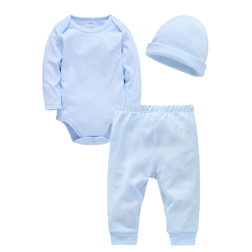 3 Pieces Set 100% Cotton Baby Rompers Pants Hat  Trousers Plain Newborn Clothing