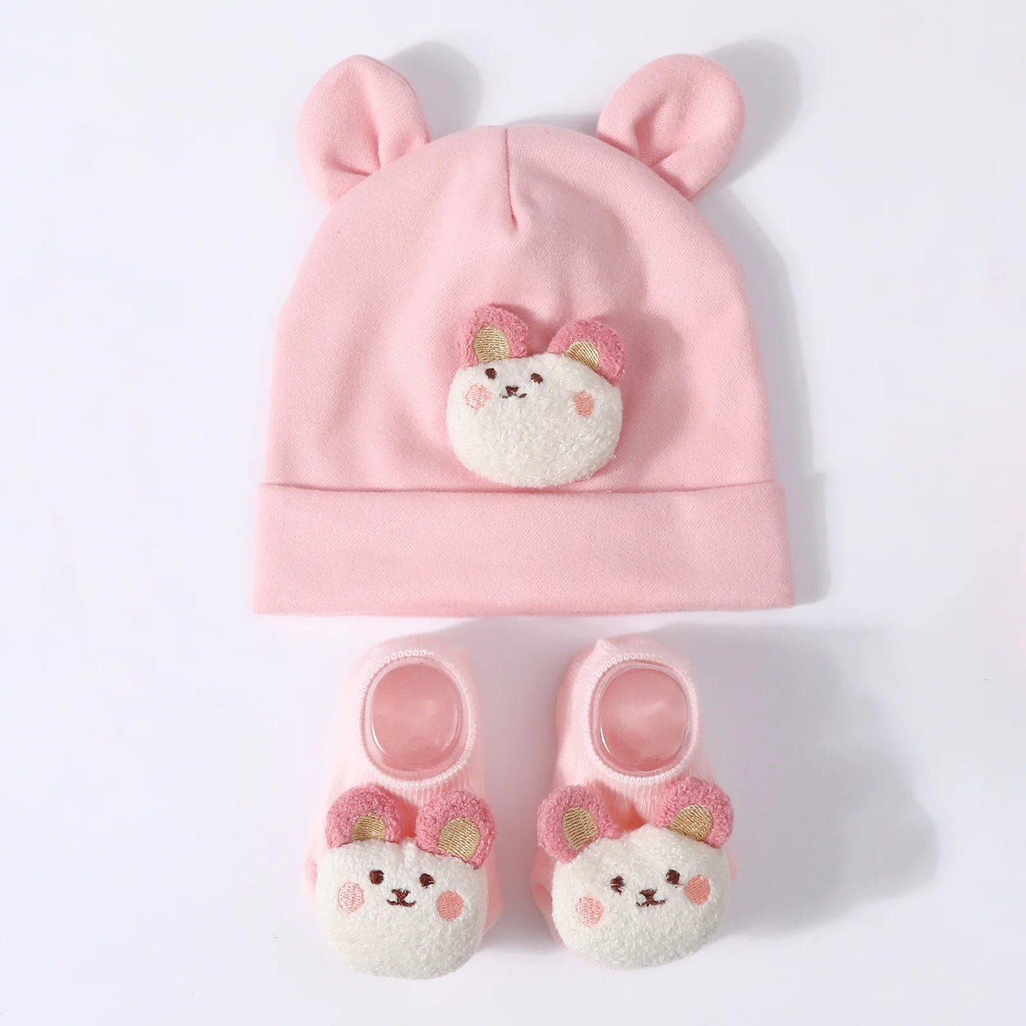 Baby Hat & Socks Set – Knit Cotton Beanie with Ear Design for Newborns & Toddlers