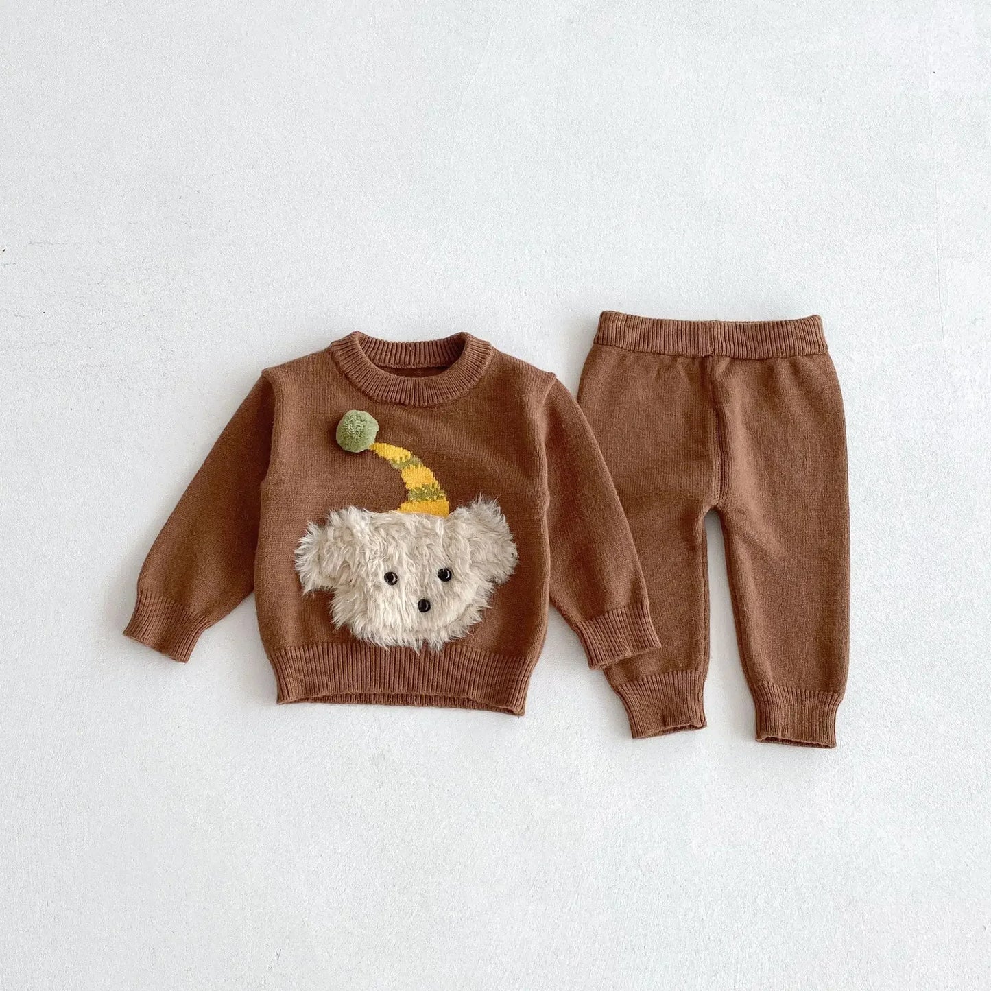 Baby Toddler Knitted Sweater Pants Set Cartoon Dog 3D Fluffy Red Brown Infant Autumn Winter Warm Outfit