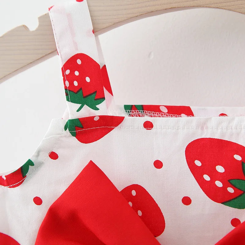 2pcs Toddler Girls Summer Dress Set – Bow & Strawberry Sleeveless Outfit (0-3Y)