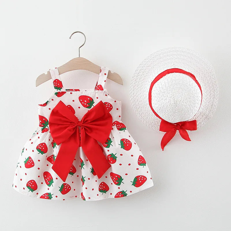 2pcs Toddler Girls Summer Dress Set – Bow & Strawberry Sleeveless Outfit (0-3Y)