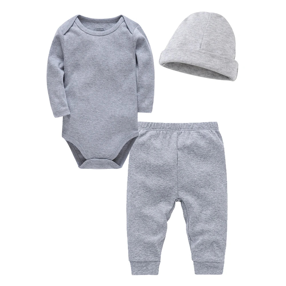 3 Pieces Set 100% Cotton Baby Rompers Pants Hat  Trousers Plain Newborn Clothing