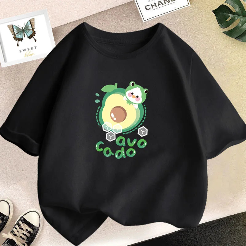 Girls’ Cute Avocado T-Shirt – Loose Summer Cartoon Fruit Top
