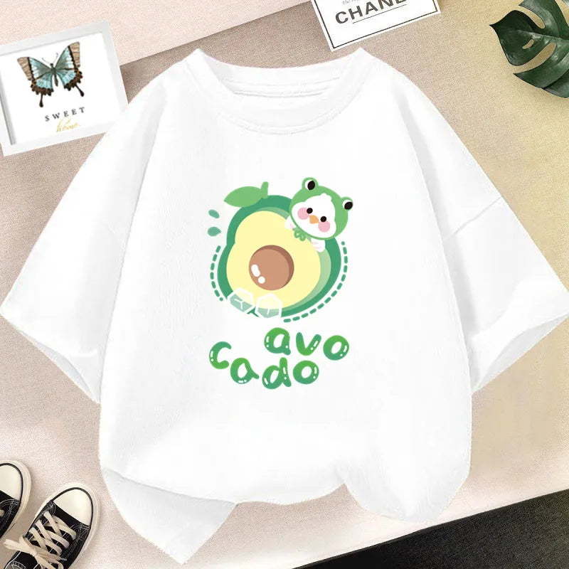 Girls’ Cute Avocado T-Shirt – Loose Summer Cartoon Fruit Top
