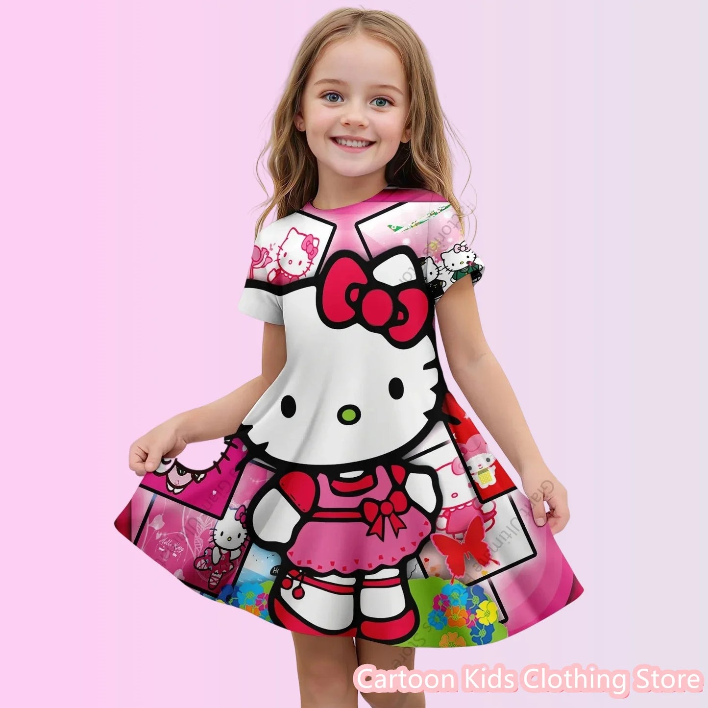 Girls’ Cartoon Princess Dress – 3D Cinnamoroll & Hello Kitty Short Sleeve Outfit