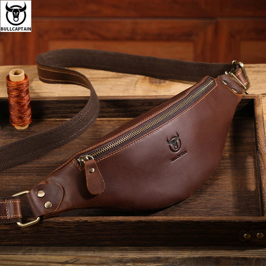 Men's Crazy Horse Leather Belt Bag Classic Retro Crossbody Bag Outdoor Storage Mountaineering Mobile Phone Bag