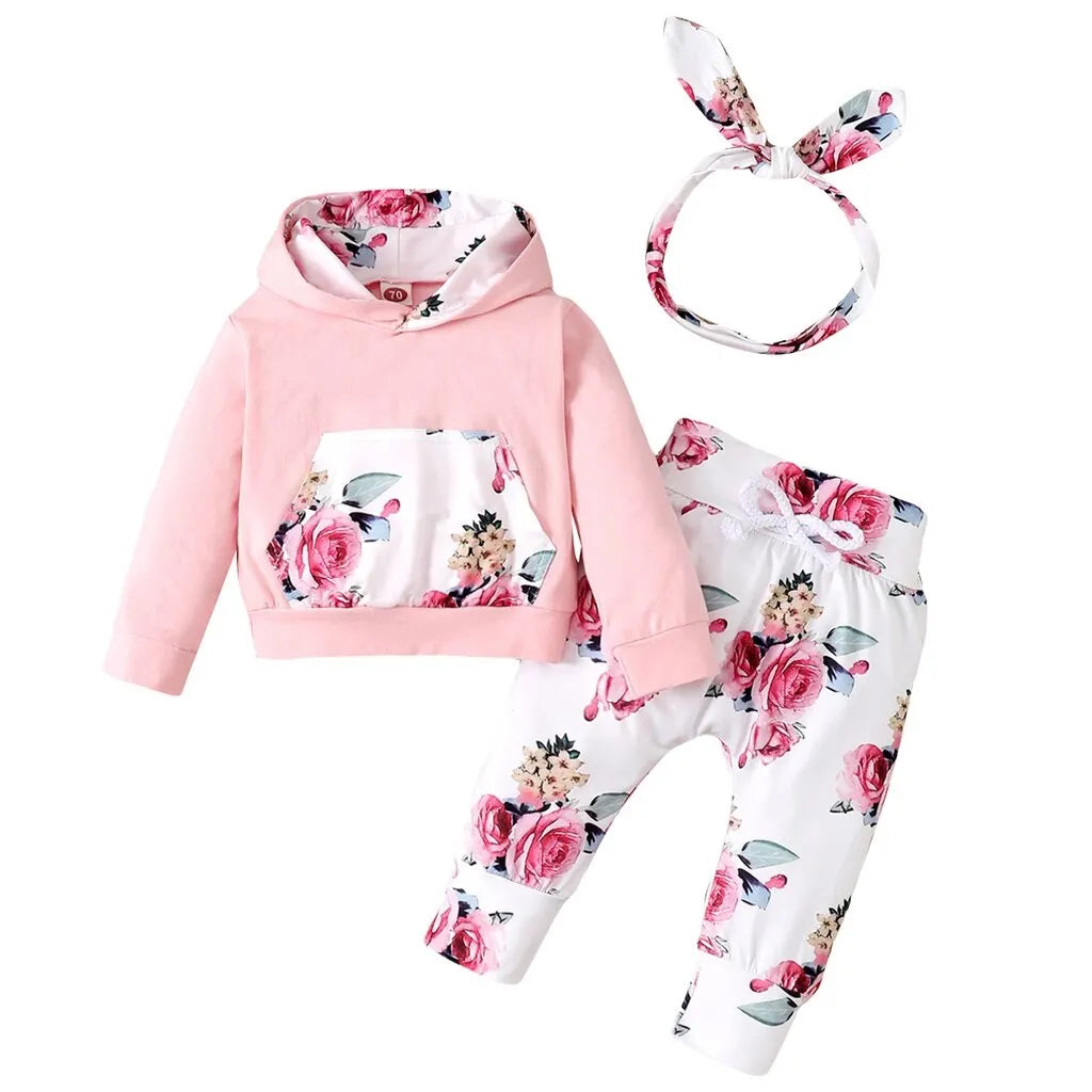 3PCS Baby Girl Outfit (0–18M) – Floral Hoodie, Pants & Bow Headband Set