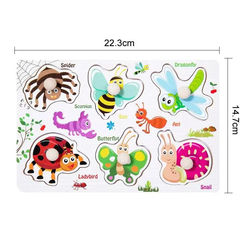 Montessori Wooden Peg Puzzles – 3D Cartoon Animal & Fruit Educational Toys