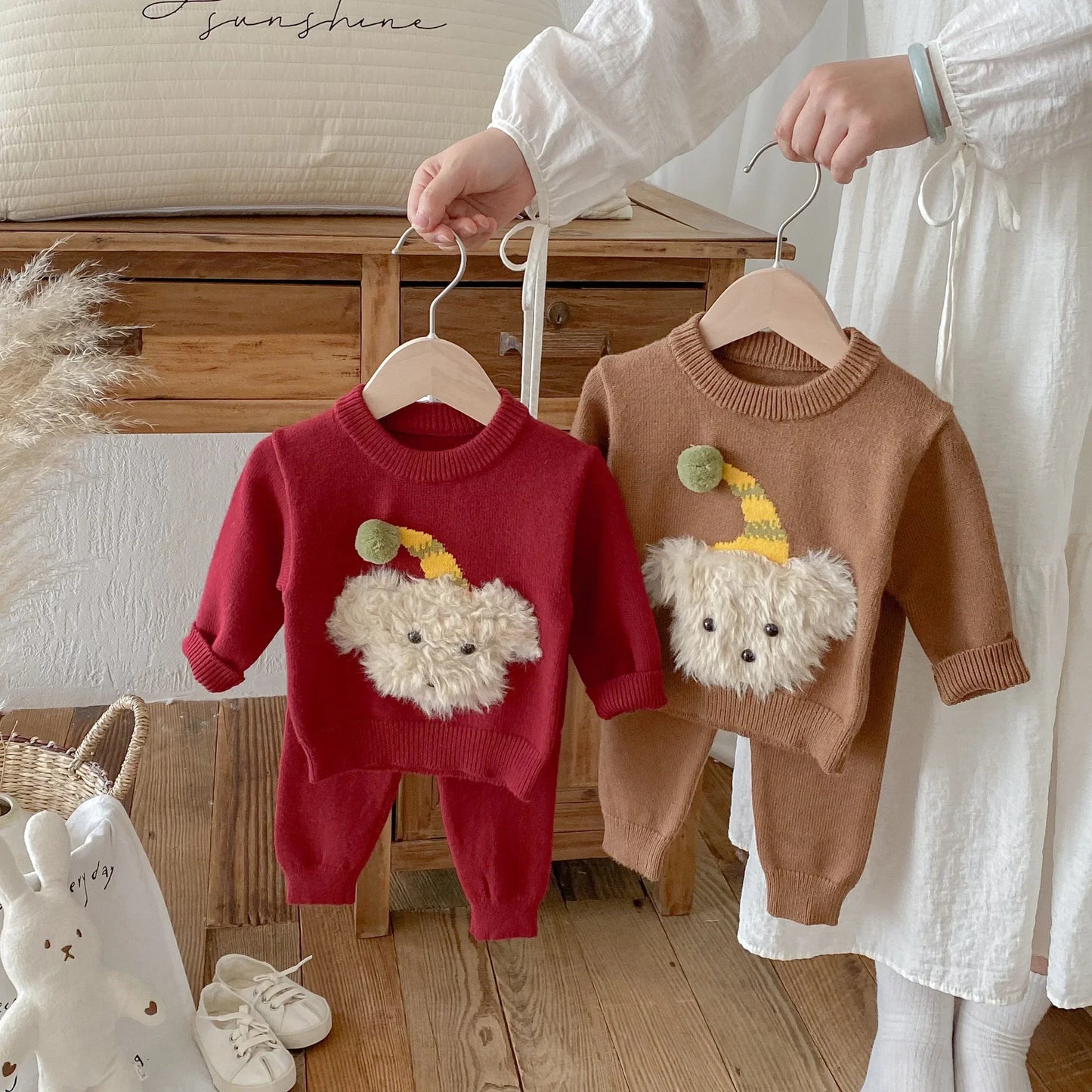 Baby Toddler Knitted Sweater Pants Set Cartoon Dog 3D Fluffy Red Brown Infant Autumn Winter Warm Outfit
