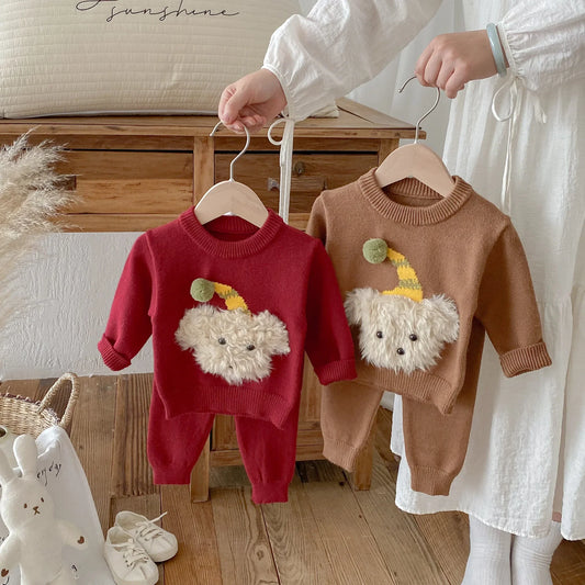 Baby Toddler Knitted Sweater Pants Set Cartoon Dog 3D Fluffy Red Brown Infant Autumn Winter Warm Outfit