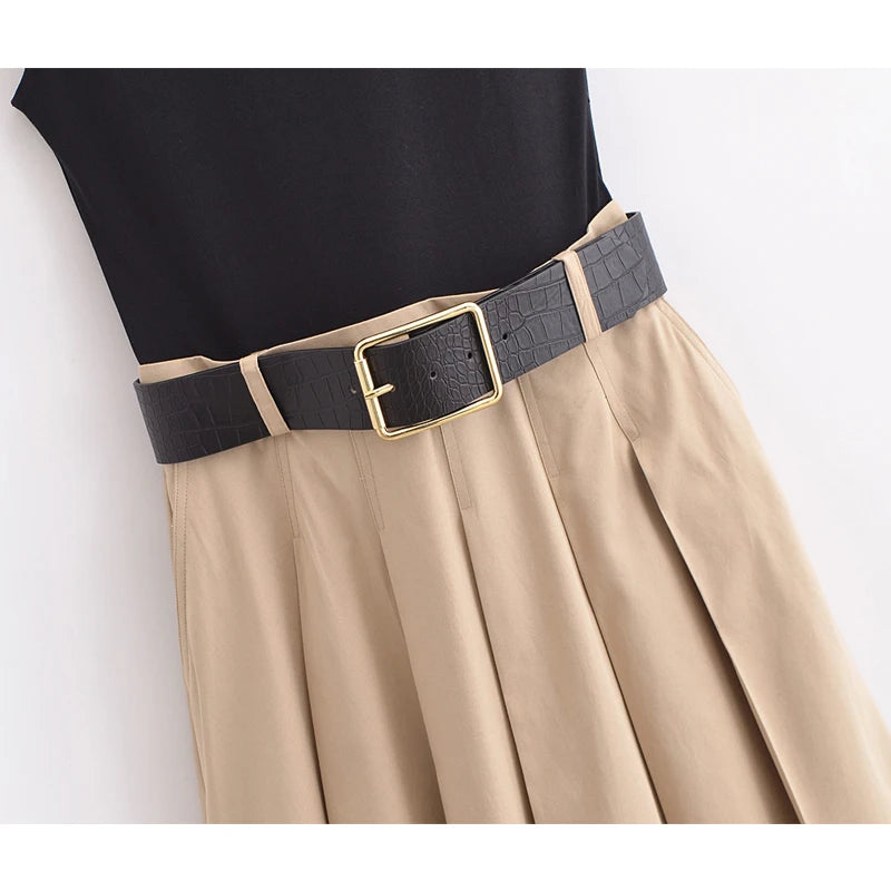 2025 Ärmelloses Plissee-Midikleid für Damen – Gestricktes Sommerparty-Sommerkleid mit Gürtel