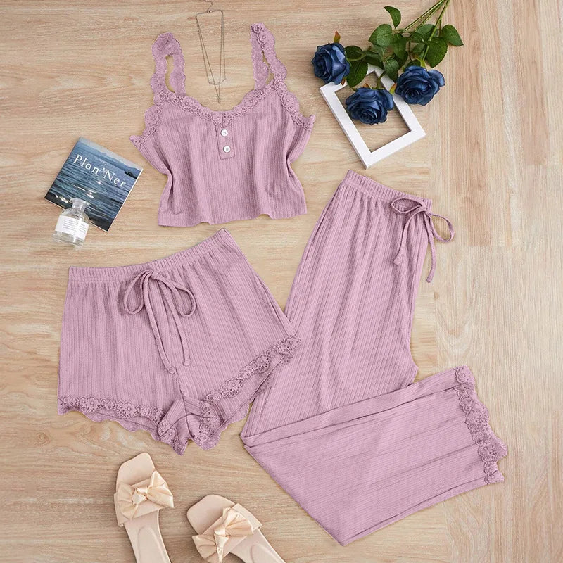 New 2025 Women's Summer 3PCS Pajama Sets Solid Vest Shorts and Pants Paired with Lace Splicing for Homewear Sexy Sleepwear Sets