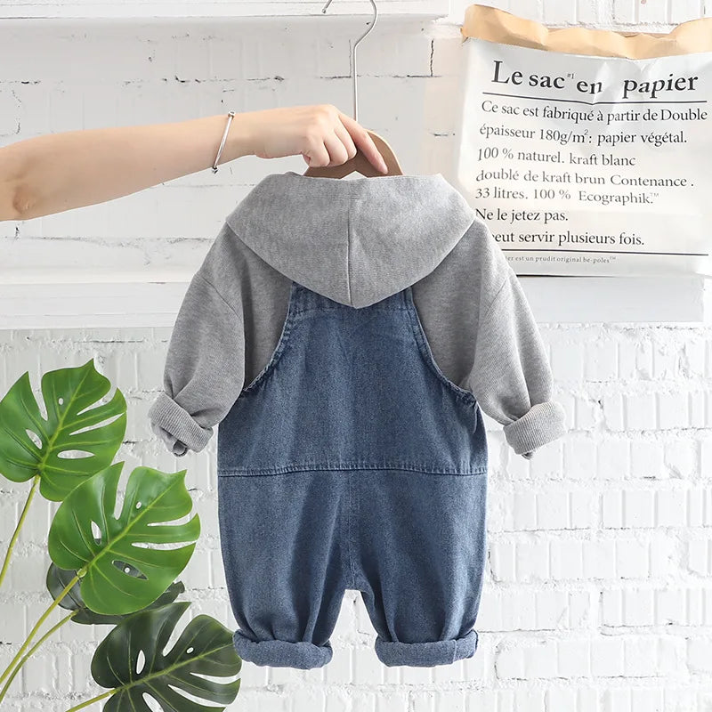 OLEKID 2025 Spring Autumn Korean Style Children Boys 2PCS Clothes Set Printed Letter Hoodie Denim Overalls Infant Baby Boys Suit