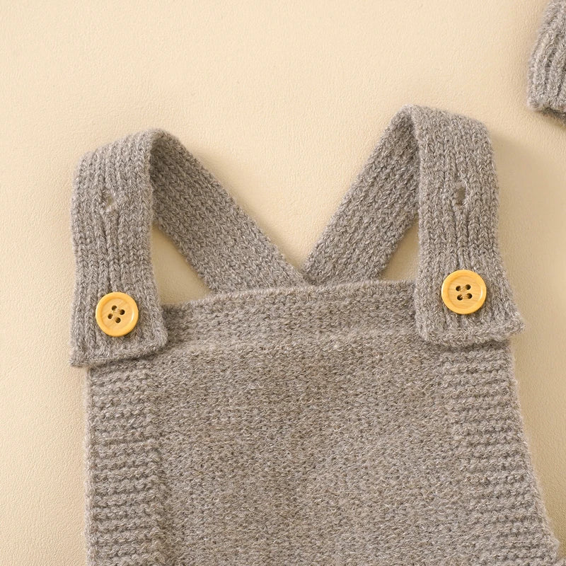 Knitted Baby Romper & Hat Set – Sleeveless Strap Jumpsuit for Newborn Boys & Girls