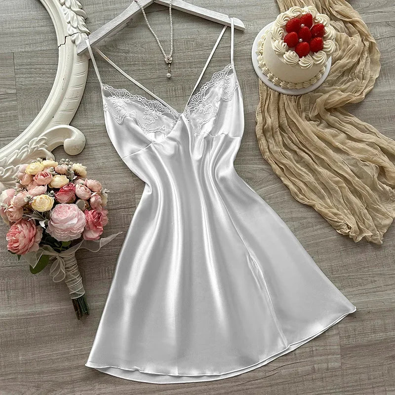 Modisches Nachthemd mit Spitzenkragen in Volltonfarbe für Damen, luxuriöser sexy Hosenträgerrock, seidenartiges, dünnes Kleid, Nachtwäsche für Zuhause
