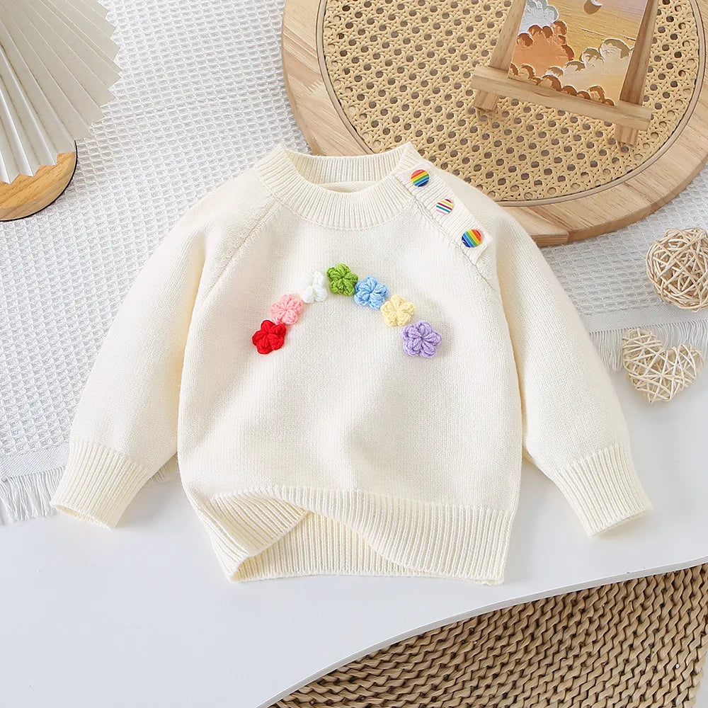 2025 Baby Girls’ Floral Sweater – Autumn/Winter Sweet Knit Round Neck Top