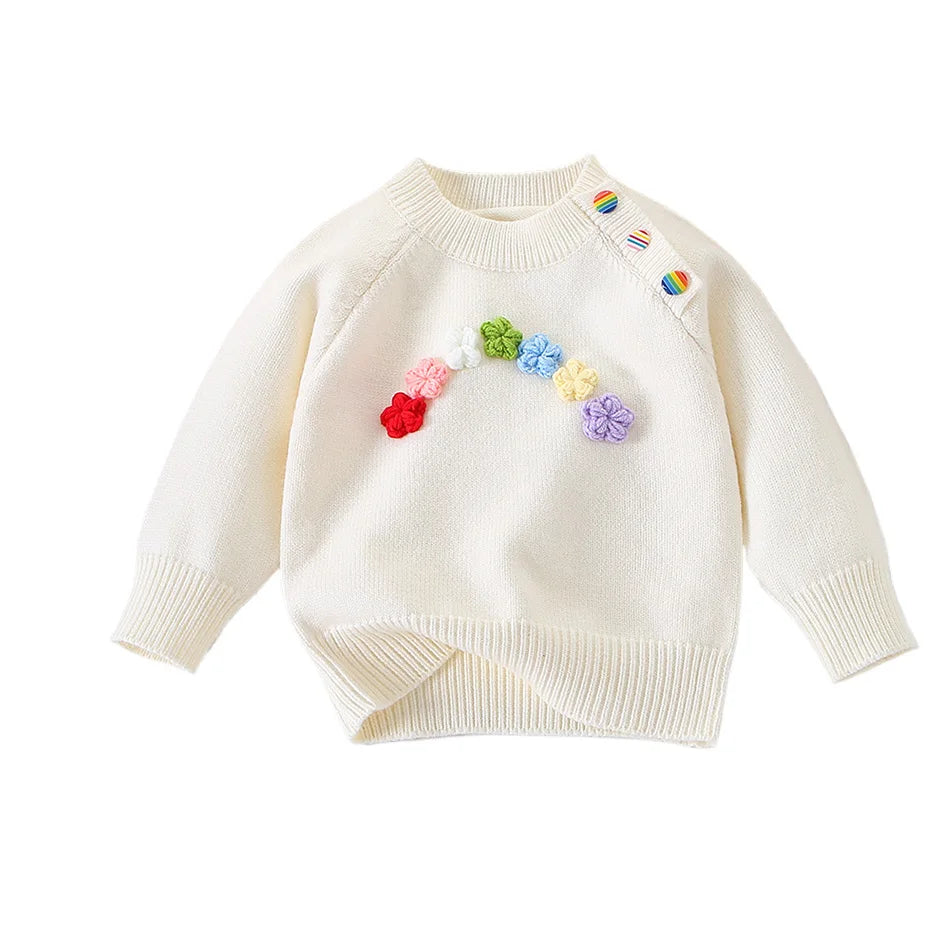 2025 Baby Girls’ Floral Sweater – Autumn/Winter Sweet Knit Round Neck Top