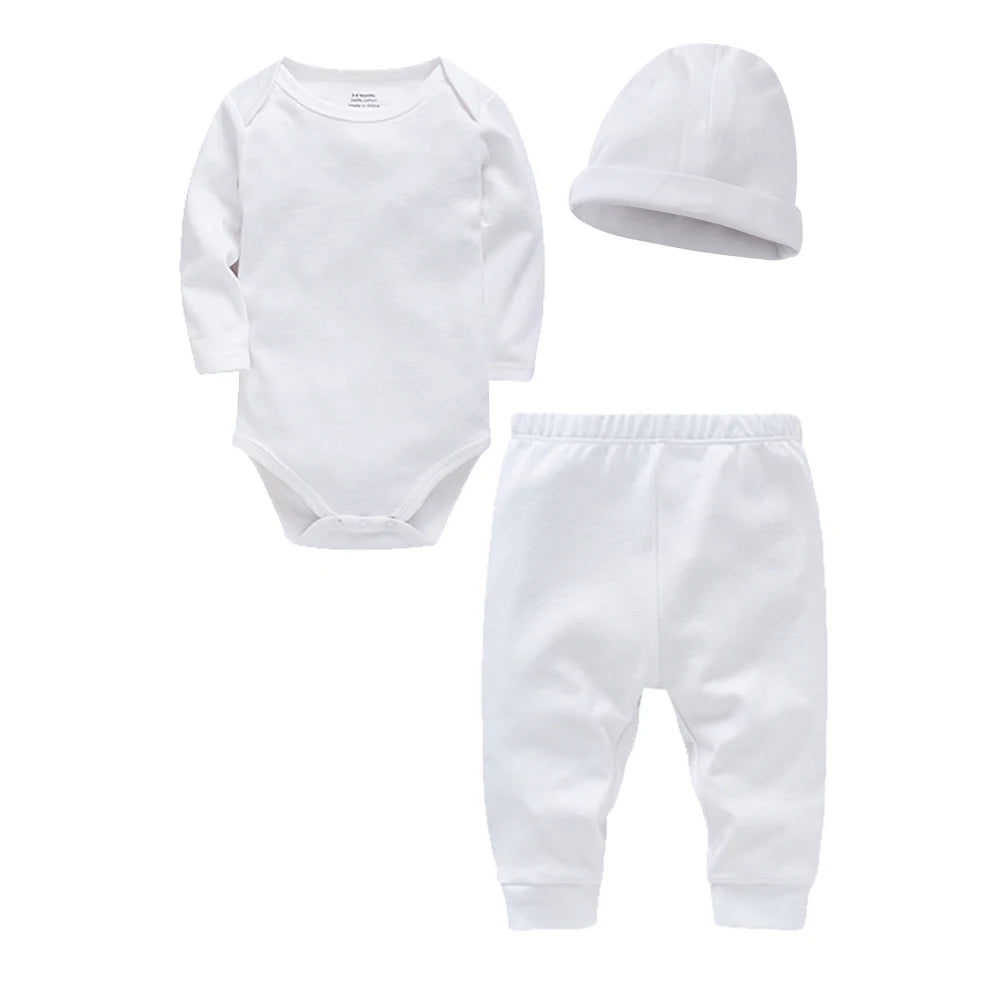 3 Pieces Set 100% Cotton Baby Rompers Pants Hat  Trousers Plain Newborn Clothing