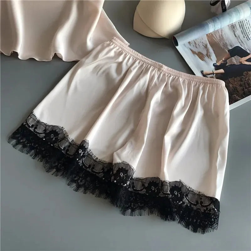 Damen Pyjama Set V-Ausschnitt Spitze Sexy Dessous Pyjamas Schlafshorts Set Nachtwäsche Neu