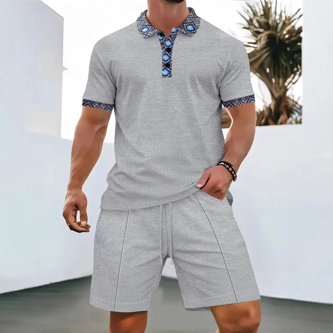 2025 Men Europe and the United States Waffle solid color zip-up lapel short-sleeve