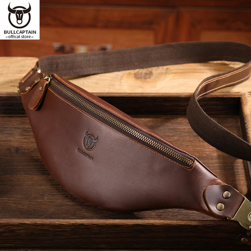 Men's Crazy Horse Leather Belt Bag Classic Retro Crossbody Bag Outdoor Storage Mountaineering Mobile Phone Bag