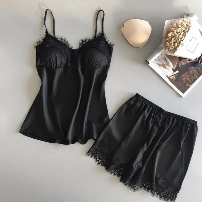 Damen Pyjama Set V-Ausschnitt Spitze Sexy Dessous Pyjamas Schlafshorts Set Nachtwäsche Neu